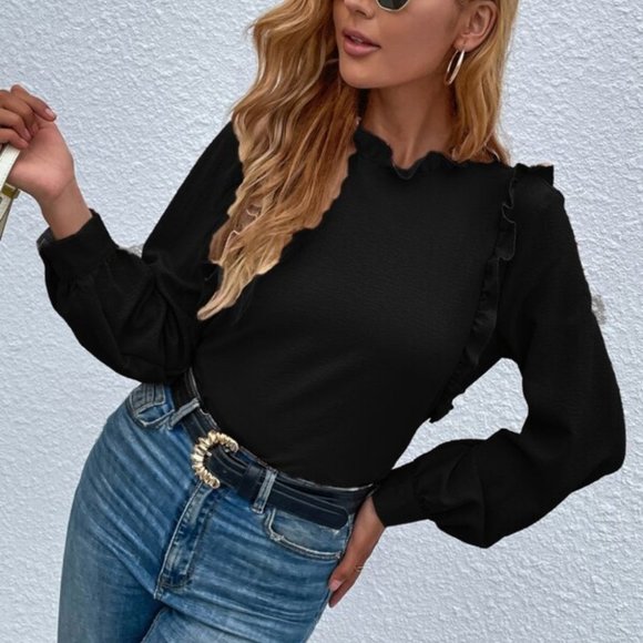 Tops - Classy Business work chic black Ruffle Detail Blouse